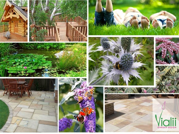 A moodboard shows the inspiration for the design, materials, features and planting proposed