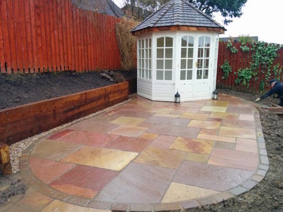 The completed patio and summerhouse