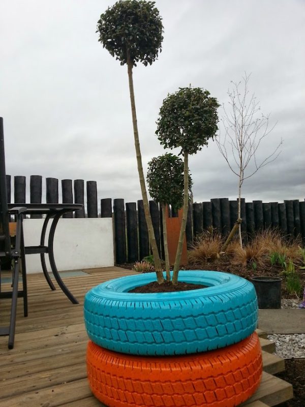 The tyres were turned into a funky planter