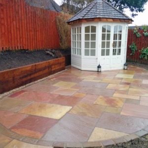 The completed patio and summerhouse