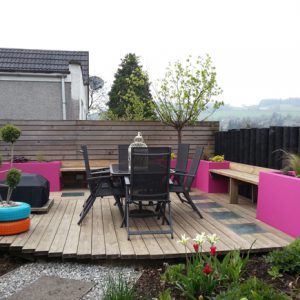 In-built seating in a colourful deck