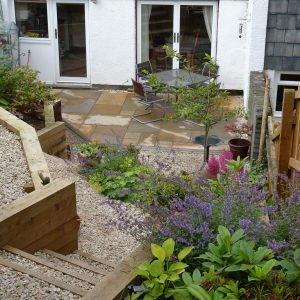 View down to the new sandstone patio