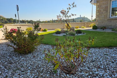 Gravel with planting, boulders and lawn look lovely