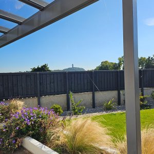 The raised patio has stunning views