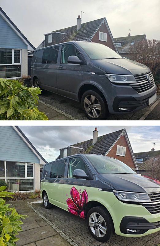 Before: a plain grey van. After: two tone loveliness